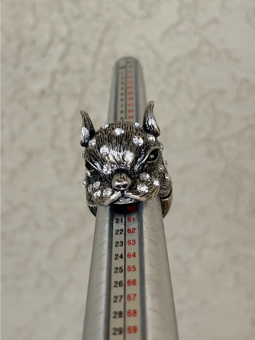 Novelty Silver-tone Dog Head Ring with Clear Rhinestones